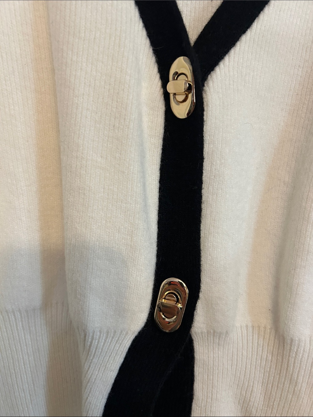Commense Contrast Trim Button Wool Blend Cream Cardigan with Black Trim - Picture 4 of 7